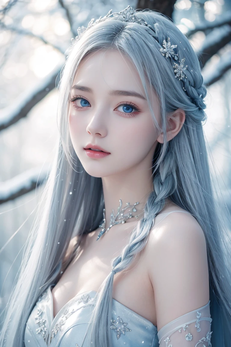 White hair girl, beautiful detailed eyes, pale skin, flowing white hair, elegant pose, fantasy setting, soft lighting, ethereal atmosphere, mesmerizing gaze, delicate features, porcelain-like complexion, long white hair cascading down her back, intricate braids adorned with flowers, silver crown on her head, sparkling snowflakes falling around her, snow-covered landscape, shimmering blue dress, graceful movement, dreamlike aura, enchanting beauty, enchanted forest, surreal color palette, delicate snowflakes melting on her fingertips, frozen breath in the air, winter wonderland scenery, magical glow surrounding her, serene expression, captivating presence, subtle hints of blue and silver, soft rays of sunlight filtering through the trees, tranquility and peace in her presence, icy blue eyes reflecting the beauty of her surroundings, dreamy and otherworldly atmosphere, a touch of mystery, artistic masterpiece, high resolution details, stunning portrait, portrait in a fairytale world.