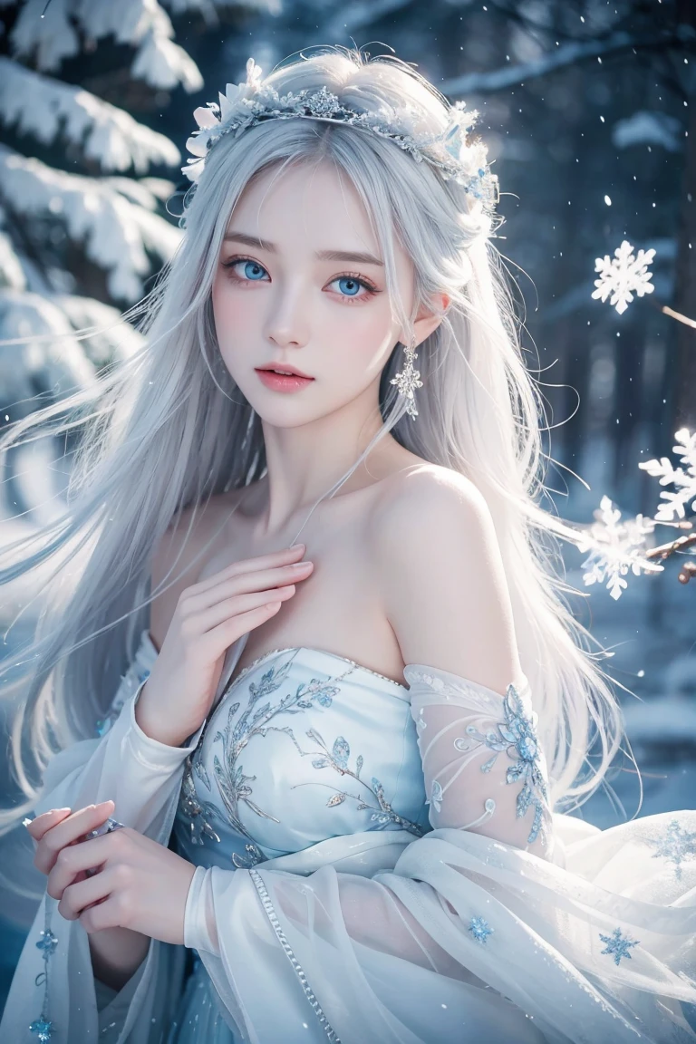 White hair girl, beautiful detailed eyes, pale skin, flowing white hair, elegant pose, fantasy setting, soft lighting, ethereal atmosphere, mesmerizing gaze, delicate features, porcelain-like complexion, long white hair cascading down her back, intricate braids adorned with flowers, silver crown on her head, sparkling snowflakes falling around her, snow-covered landscape, shimmering blue dress, graceful movement, dreamlike aura, enchanting beauty, enchanted forest, surreal color palette, delicate snowflakes melting on her fingertips, frozen breath in the air, winter wonderland scenery, magical glow surrounding her, serene expression, captivating presence, subtle hints of blue and silver, soft rays of sunlight filtering through the trees, tranquility and peace in her presence, icy blue eyes reflecting the beauty of her surroundings, dreamy and otherworldly atmosphere, a touch of mystery, artistic masterpiece, high resolution details, stunning portrait, portrait in a fairytale world.