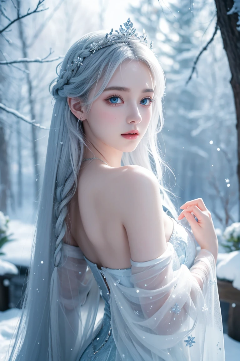 White hair girl, beautiful detailed eyes, pale skin, flowing white hair, elegant pose, fantasy setting, soft lighting, ethereal atmosphere, mesmerizing gaze, delicate features, porcelain-like complexion, long white hair cascading down her back, intricate braids adorned with flowers, silver crown on her head, sparkling snowflakes falling around her, snow-covered landscape, shimmering blue dress, graceful movement, dreamlike aura, enchanting beauty, enchanted forest, surreal color palette, delicate snowflakes melting on her fingertips, frozen breath in the air, winter wonderland scenery, magical glow surrounding her, serene expression, captivating presence, subtle hints of blue and silver, soft rays of sunlight filtering through the trees, tranquility and peace in her presence, icy blue eyes reflecting the beauty of her surroundings, dreamy and otherworldly atmosphere, a touch of mystery, artistic masterpiece, high resolution details, stunning portrait, portrait in a fairytale world.