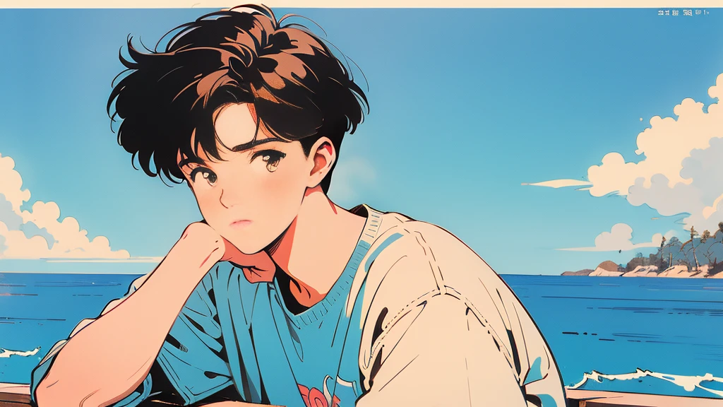 best quality, 4k wallpaper, masterpiece, very detailed CG Unity 8k 벽지, very detailed 눈, very detailed, intricate details, retro, Library Landscape, brown hair 20 year old boy, Looking at the entire upper body, incredibly blue sea background, Incredibly blue cloudy sky background
