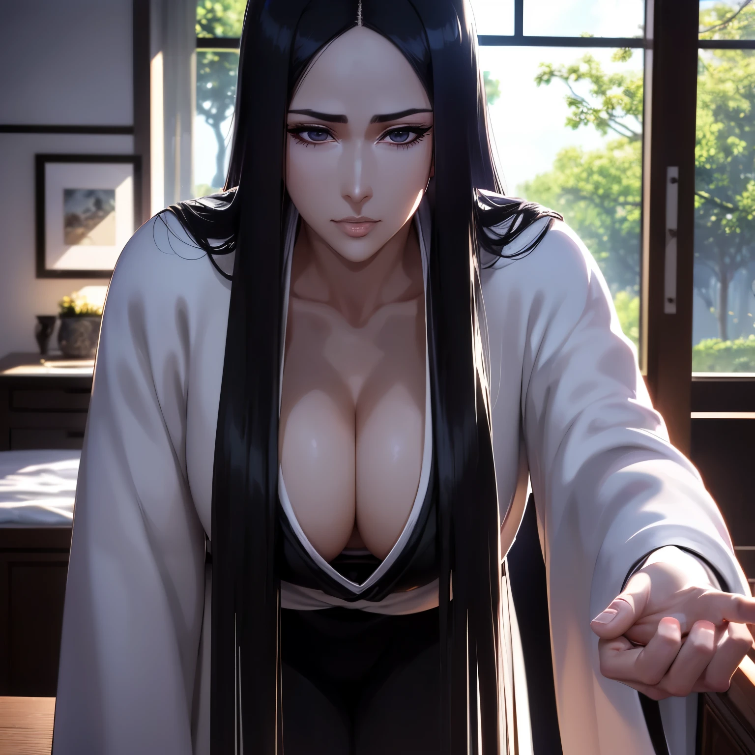 Retsu Unohana, professional artwork, Intricate Details, field of view, sharp focus, detailed painting, photorealistic lighting, trending on pixiv,(masterpiece:1.0),(best_quality:1.0), ultra high res, ultra-detailed, photography, 8K, HDR, highres, absurdres:1.2, Kodak portra 400, film grain, sharp focus, bokeh:1.2, lens flare, (vibrant_color:1.2), (((indoors, room, room details, standing, perfect anatomy standing))),
female mature, black hair, long hair, black eyes, large breasts, sports bra, hair intakes, 40yo,mature female,Beautiful Finger,Beautiful long legs,Beautiful body,Beautiful Nose,Beautiful character design, semi closed eyes, perfect face, looking at viewer, official art,extremely detailed CG unity 8k wallpaper, (Beautiful, large_Breasts:1.4), (beautiful_face:1.5),(narrow_waist), (solo:1.4), (upper body, half body shot),
