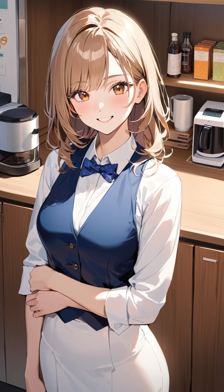 1 Woman Standing, office worker, ((Blue Vest) Over a white dress shirt), Narrow skirt, Mature Woman, (Beige brown hair), A gentle blushing smile, Bow tie break (Have a coffee kettle) Handheld brake (Modern Office) indoor, pantry, Detailed Background