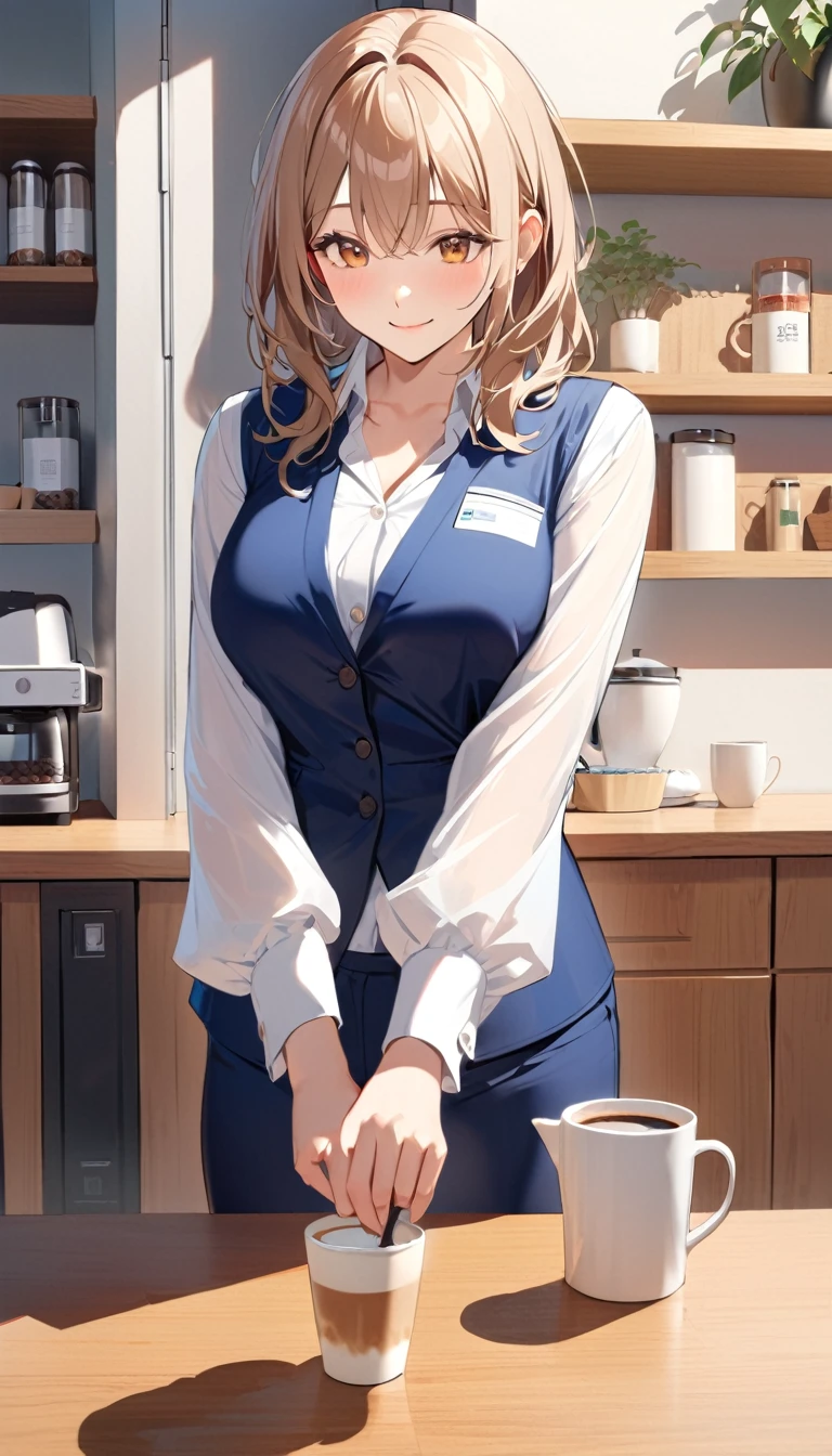 1 Woman Standing, office worker, ((Blue Vest) Over a white dress shirt), Narrow skirt, Mature Woman, (Beige brown hair), A gentle blushing smile, Bow tie break (Have a coffee kettle) Handheld brake (Modern Office) indoor, pantry, Detailed Background