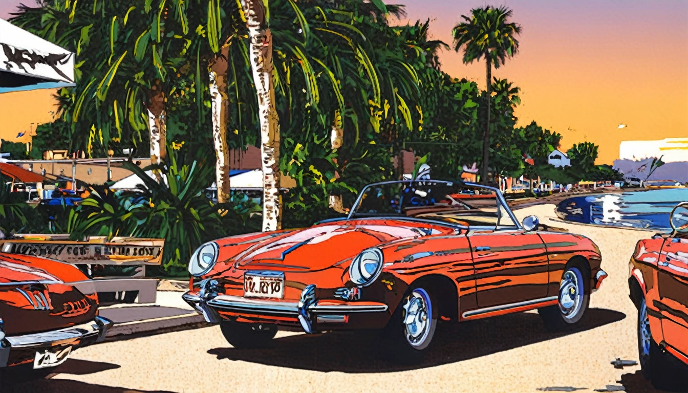 Highest quality，masterpiece，Hideto Suzuki,Classic Cars, Palm trees on the street，Beach，Marina, sports car, sunset，Nostalgia