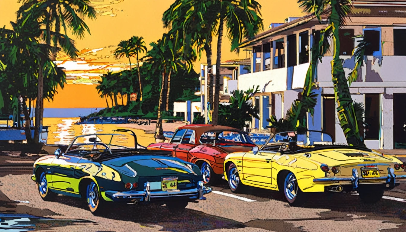 Highest quality，masterpiece，Hideto Suzuki,Classic Cars, Palm trees on the street，Beach，Marina, sports car, sunset，Nostalgia