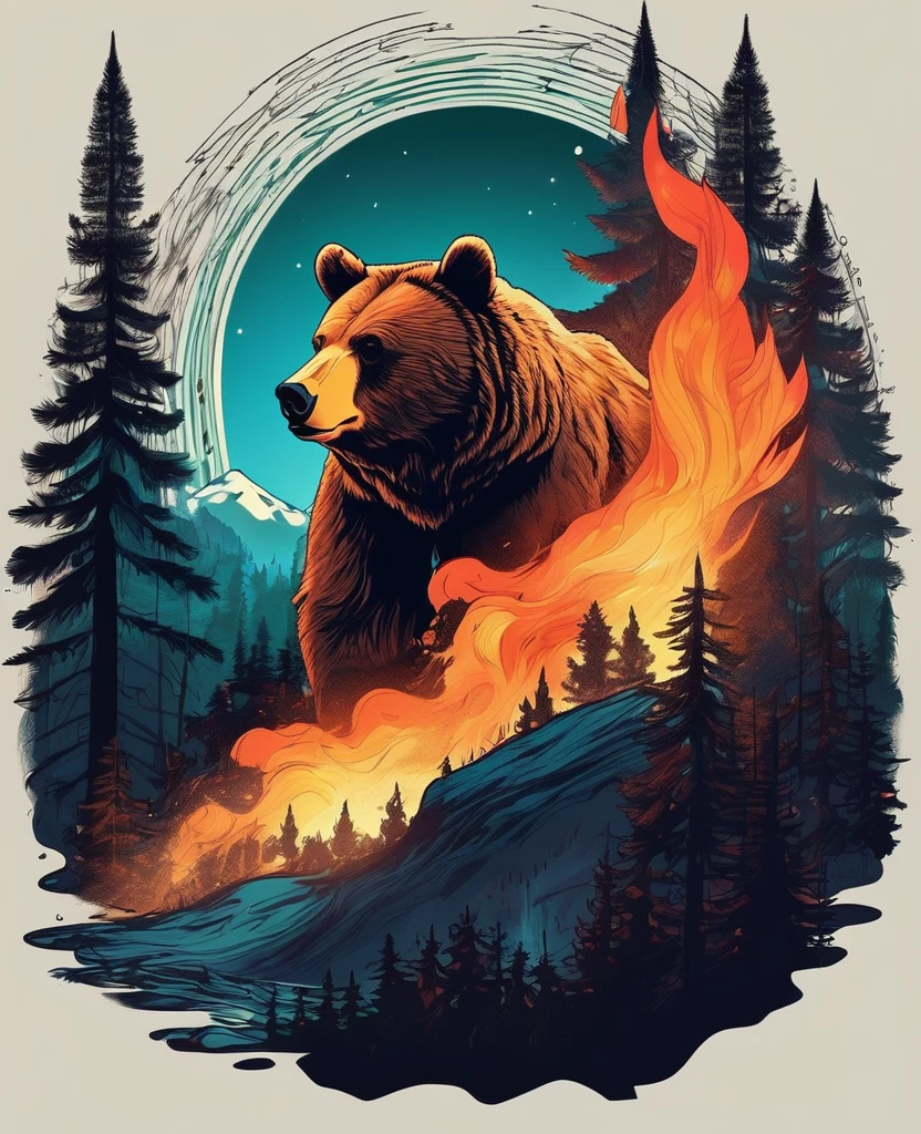 t shirt design, T-shirt with a breathtaking digital illustration captures the mesmerizing moment when a bear merges perfectly with the enchanting forest full of flames and smoke. The bear's piercing eyes emit an intense, quase sobrenatural, angry glare, while her mane blends harmoniously with the koumae. The white background, a striking contrast between the mixture of the angry bear and the flames that consume the forest. The surreal and mystical atmosphere evoked by this captivating scene blurs the line between reality and fantasy., leaving the viewer in awe of the bear's mesmerizing metamorphosis.