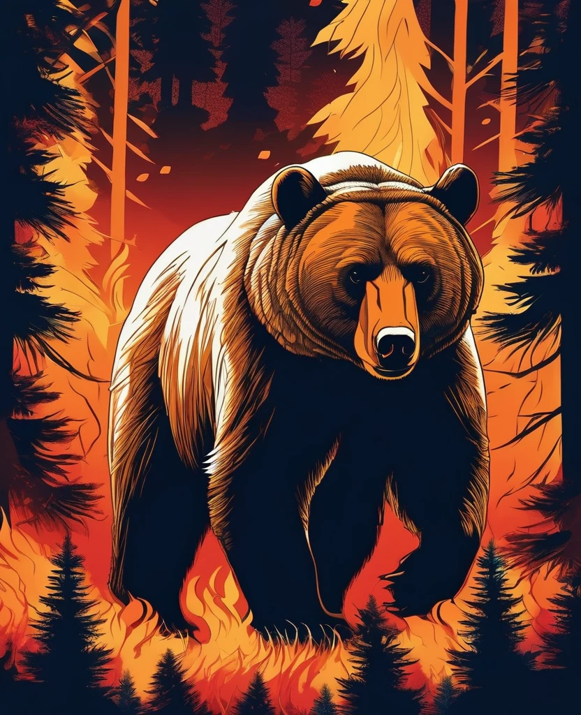 t shirt design, T-shirt with a breathtaking digital illustration captures the mesmerizing moment when a bear merges perfectly with the enchanting forest full of flames and smoke. The bear's piercing eyes emit an intense, quase sobrenatural, angry glare, while her mane blends harmoniously with the koumae. The white background, a striking contrast between the mixture of the angry bear and the flames that consume the forest. The surreal and mystical atmosphere evoked by this captivating scene blurs the line between reality and fantasy., leaving the viewer in awe of the bear's mesmerizing metamorphosis.