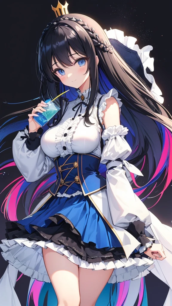 best quality, extremely detailed,anime style girl,long hair down to the waist, straight hair, ((dark black hair with bluish)),((crown braid)),beautiful detailed eyes, pinched eyes, (dark blue eyes),huge breasts,curvy,((girl with penis)),((Futanari)),((((cutie colorful casual clothing)))),((((Fluffy skirts)))),Fine decoration,clothing with complex patterns,smile,((café)),dynamic angle,sit and have a drink