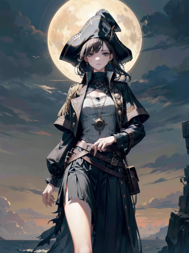 Practical pirate clothing, Long-sleeved pirate top, Skirt,Torn pirate hat, absurdres, RAW photo, extremely delicate and beautiful, masterpiece, Best Quality, ultra high resolution, 32k, hyperrealistic, ultra-detailed, perfect figure, tearful mole, earring, whole body shot, short medium hair, wavy hair,