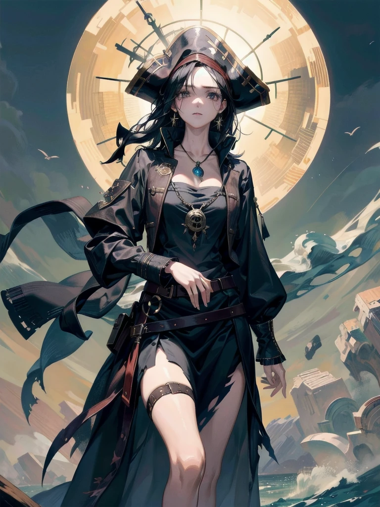 Practical pirate clothing, Long-sleeved pirate top, Skirt,Torn pirate hat, absurdres, RAW photo, extremely delicate and beautiful, masterpiece, Best Quality, ultra high resolution, 32k, hyperrealistic, ultra-detailed, perfect figure, tearful mole, earring, whole body shot, short medium hair, wavy hair,