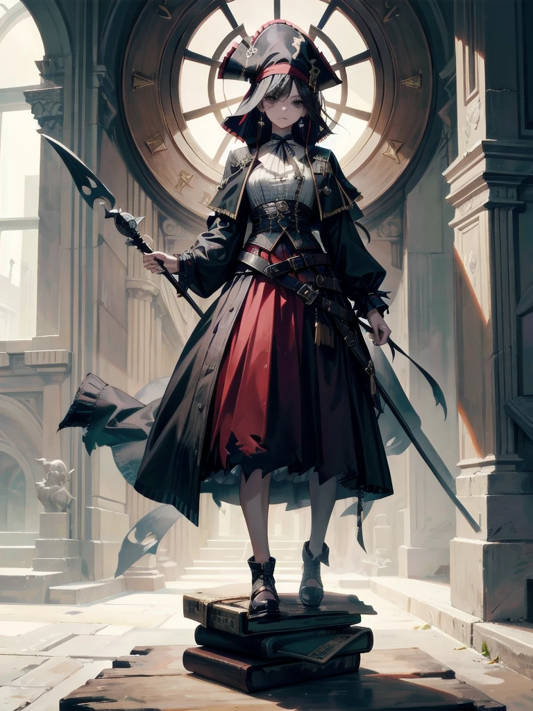 Practical pirate clothing, Long-sleeved pirate top, Skirt,Torn pirate hat, absurdres, RAW photo, extremely delicate and beautiful, masterpiece, Best Quality, ultra high resolution, 32k, hyperrealistic, ultra-detailed, perfect figure, tearful mole, earring, whole body shot, short medium hair, wavy hair,