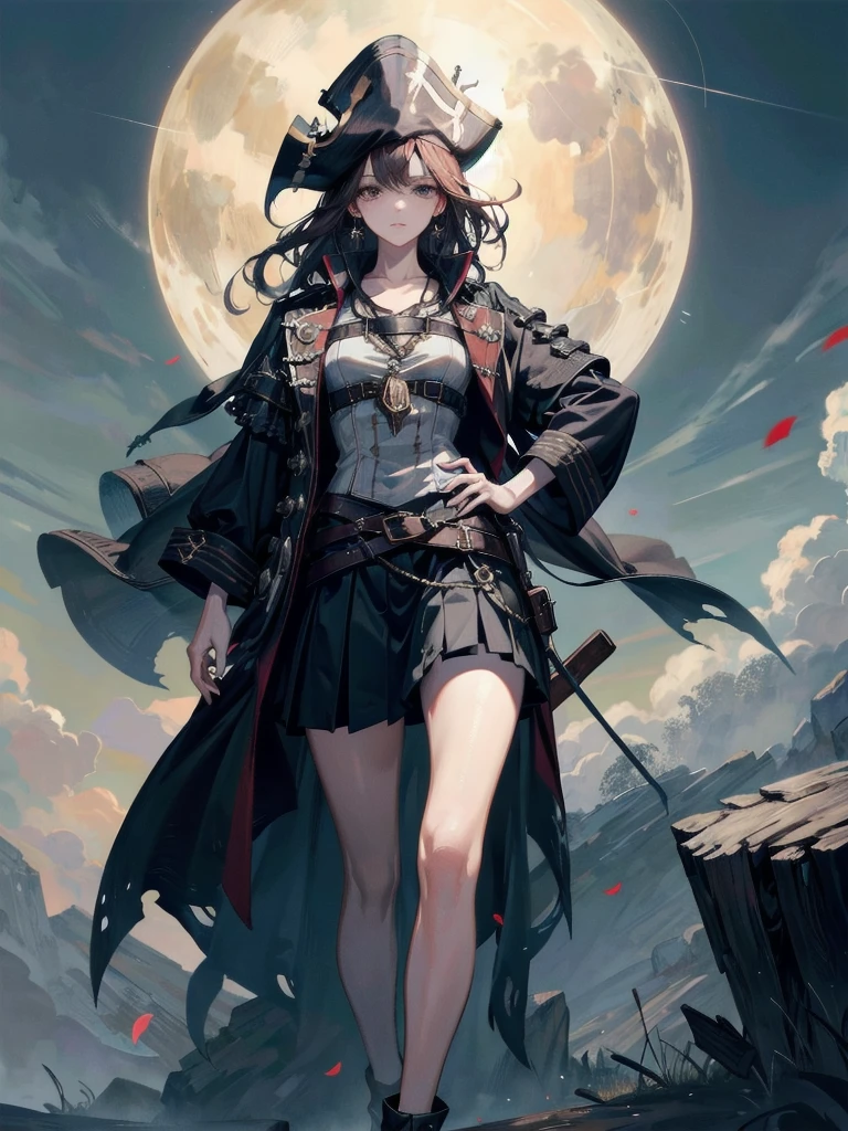 Practical pirate clothing, Long-sleeved pirate top, Skirt,Torn pirate hat, absurdres, RAW photo, extremely delicate and beautiful, masterpiece, Best Quality, ultra high resolution, 32k, hyperrealistic, ultra-detailed, perfect figure, tearful mole, earring, whole body shot, short medium hair, wavy hair,