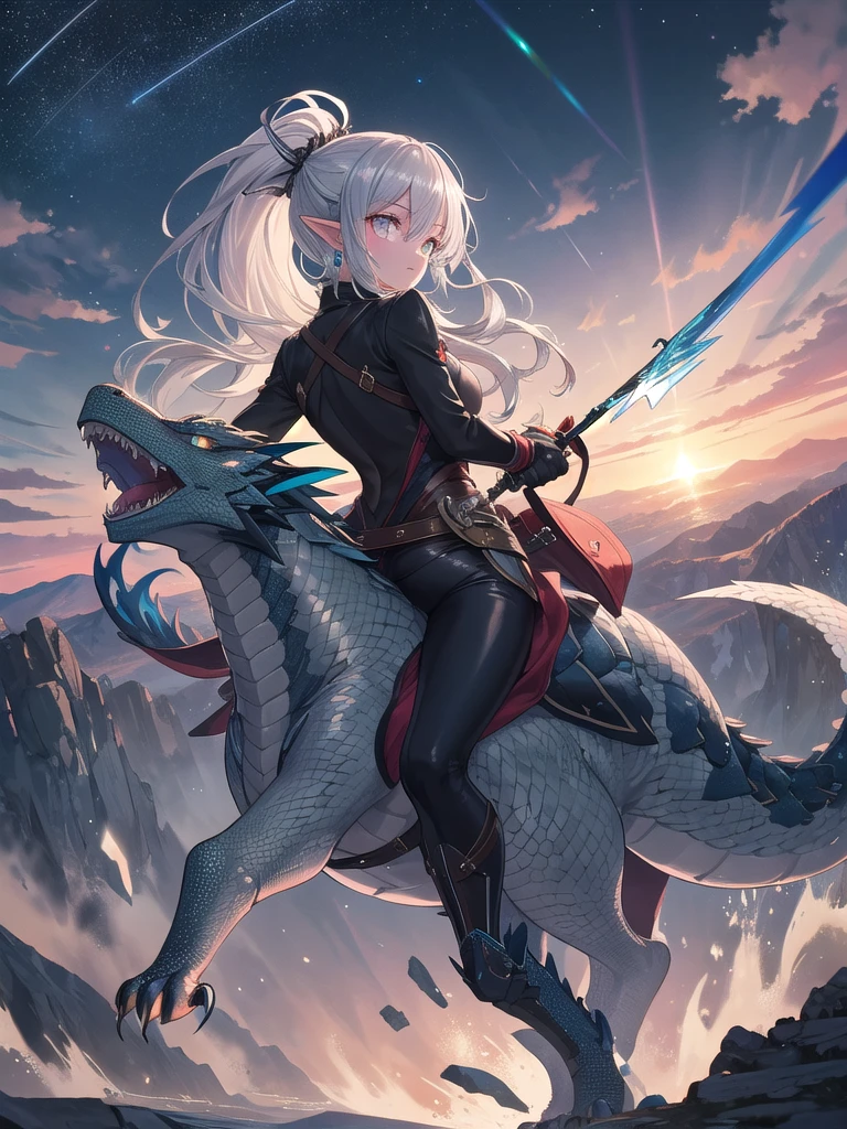 ((8k, best quality, master piece: 1.3)),super high resolution,(1 girl, solo), (colorshift eyes, hyperdetailed, expressive sparkling, glitter, glowing eyes), ultra detailed eyes, ultra-detailed face, random hair, ((silver gray color)), A silver-haired woman on the back of a dragon flies through the vast sky, looking down at distant mountains. The blue sky and floating clouds in the background create a magnificent landscape. She wears a leather riding suit and her silver dragon earrings sway. Magical effects shoot from her hands and shine as they reflect off the dragon's scales. Her silver hair in a ponytail sways in the wind, and her translucent skin, typical of elves, is illuminated by the sunlight. Her eyes are sharp, golden, and magically powerful as she gazes into the distance. She is depicted holding tightly to the dragon, with an adventurous expression on her face, enjoying her flight, and magical lights shine to blend in with the magnificent landscape in the background.