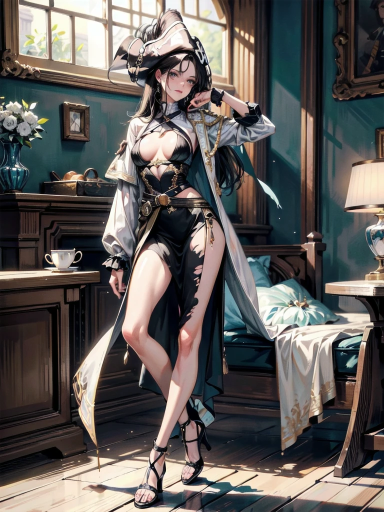 absurdres, RAW photo, extremely delicate and beautiful, masterpiece, Best Quality, ultra high resolution, 32k, hyperrealistic, ultra-detailed, perfect anatomy, anatomically correct, perfect figure, Perfect Style, Perfect balance, super Detailed skin, in her 30s, very Slim body, narrow waist, very small head, very small face, delicate facial features, handsome detailed woman, very detailed eyes and face, realistic face proportions, Realistic beautiful face, Realistic beautiful eyes, tearful mole, earring, big tits, full body shot, bare legs, medium hair, indoor, Legendary Pirate costume, Practical pirate clothing, Long-sleeved pirate top, Skirt, shirt, Torn pirate hat,