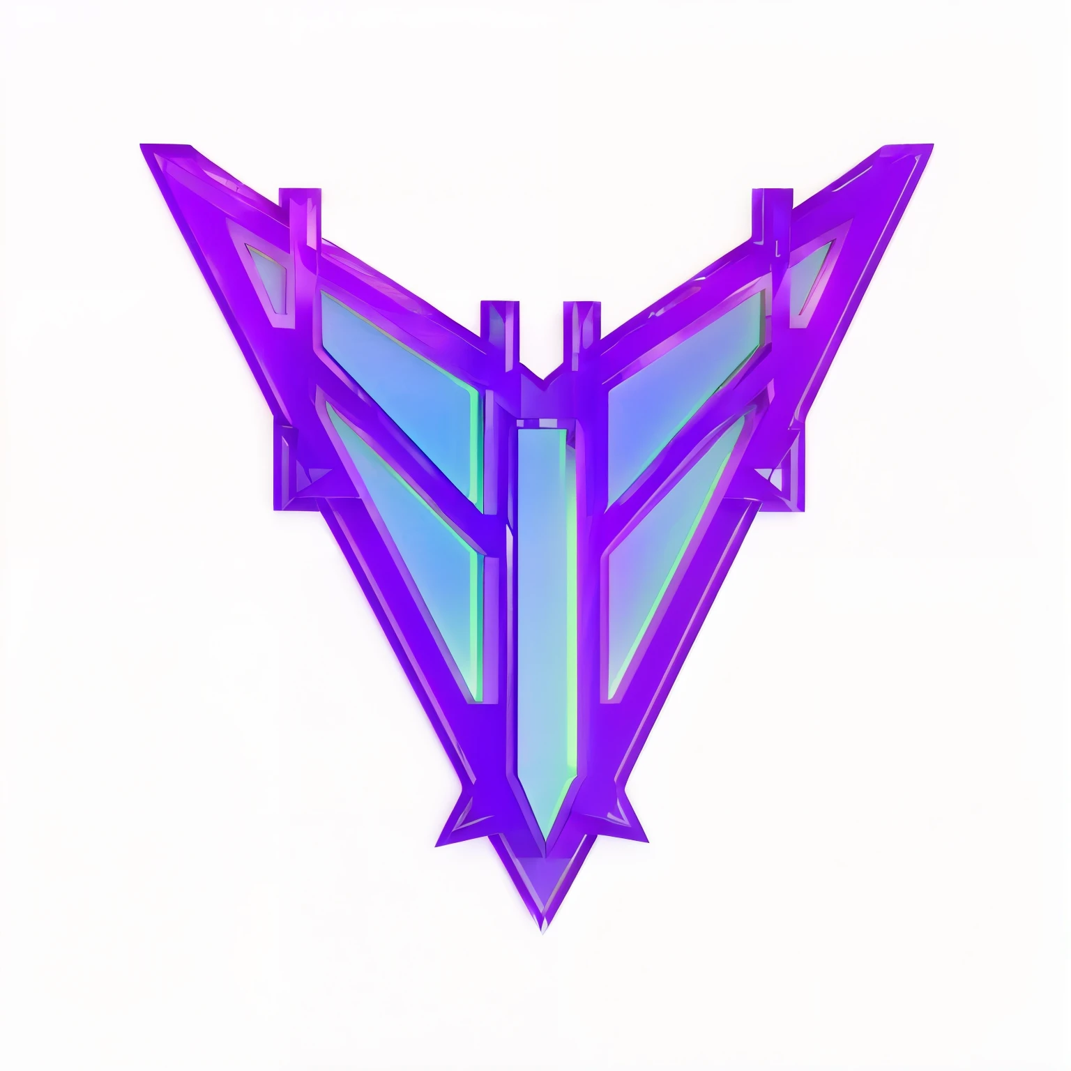 a close up of a purple and green logo with a red background, v wing, symmetrical logo, ( ( dithered ) ), heavy jpeg artifact blurry, stylized neon, 3 d logo, purple transparent sci - fi hood, v - fin, purple glowing core in armor, inverted colors, hyperprism, normal map, heavy jpeg artifact, inverted