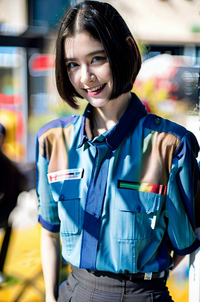 Masterpiece , a young woman , very short red hair , blue eyes , color gradient , perfect shape , ( techwear:1.2) , cyberpunk , future , modern , in cyberpunk city, smile a little , detailed face ,, , (8ก, Best quality 1.2), Very detailed, 8g UHD,, soft light, High quality, Film texture, beautiful light,, (cinema:1.4) ,perfect body , Best illumination, best shadow, Sharpness, contrast,