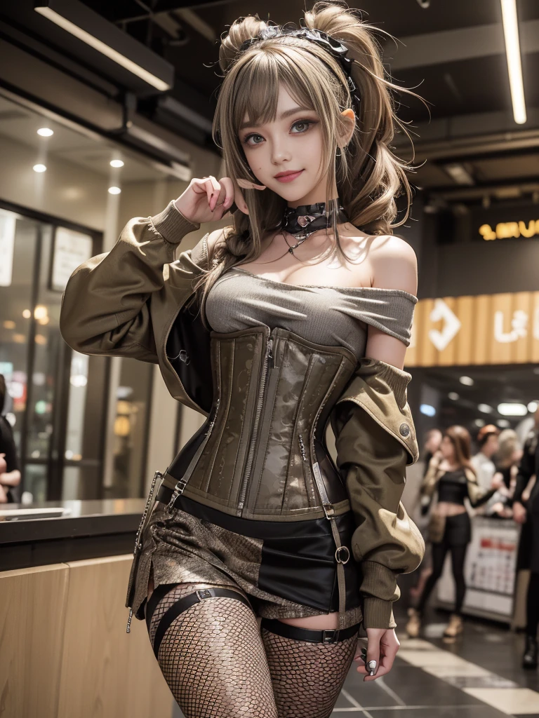 (Smiling with teeth showing:1.3),(Shibuya Gal:1.5)、(Underground idol costume:1.5)、(Neo-goth fashion:1.5)、(Punk RockVisual Kei:1.5)、(An off-the-shoulder hoodie in khaki and brown with delicate silver accessories.:1.5)、(A corset with a delicate beige and brown design:1.4)、(Dark grey, khaki and brown snakeskin bodysuit:1.5)、(Snake print headband:1.3)、(Beige and charcoal knee socks:1.4)、Embellished collar and long boots、(I'm selling snake print underwear.:1.4)、(Long eyelashes:1.3)、(20-year-old)、((Highest quality、8k、masterpiece:1.3))、1 Female、Slim and beautiful abs:1.3、(hairstyle casual、Beautiful boobs:1.1)、(Doing an aerobics pose:1.3)、dress:1.1、Super small face、Narrow eyes、double eyelid、A sloppy smile、Esbian all over body、Dynamic Angle、Close-up、CPL Filter、Blurred Background、Bokeh、Blue Hour、Detailed face and skin texture、Detailed eyes、,(Twin tails:1.3)、(Black brown hair:1.3)、Gravure idol、(The background is a glamorous dance hall:1.3)、(Make your legs thinner:1.4)、(Slim Body:1.3)、(clavicle:1.1)