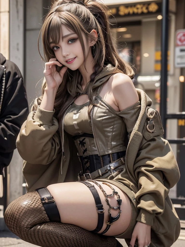 (Smiling with teeth showing:1.3),(Shibuya Gal:1.5)、(Underground idol costume:1.5)、(Neo-goth fashion:1.5)、(Punk RockVisual Kei:1.5)、(An off-the-shoulder hoodie in khaki and brown with delicate silver accessories.:1.5)、(A corset with a delicate beige and brown design:1.4)、(Dark grey, khaki and brown snakeskin bodysuit:1.5)、(Snake print headband:1.3)、(Beige and charcoal knee socks:1.4)、Embellished collar and long boots、(I&#39;m selling snake print underwear.:1.4)、(Long eyelashes:1.3)、(20-year-old)、((Highest quality、8k、masterpiece:1.3))、1 Female、Slim and beautiful abs:1.3、(hairstyle casual、Beautiful boobs:1.1)、(Doing an aerobics pose:1.3)、dress:1.1、Super small face、Narrow eyes、double eyelid、A sloppy smile、Esbian all over body、Dynamic Angle、Close-up、CPL Filter、Blurred Background、Bokeh、Blue Hour、Detailed face and skin texture、Detailed eyes、,(Twin tails:1.3)、(Black brown hair:1.3)、Gravure idol、(The background is a glamorous dance hall:1.3)、(Make your legs thinner:1.4)、(Slim Body:1.3)、(clavicle:1.1)