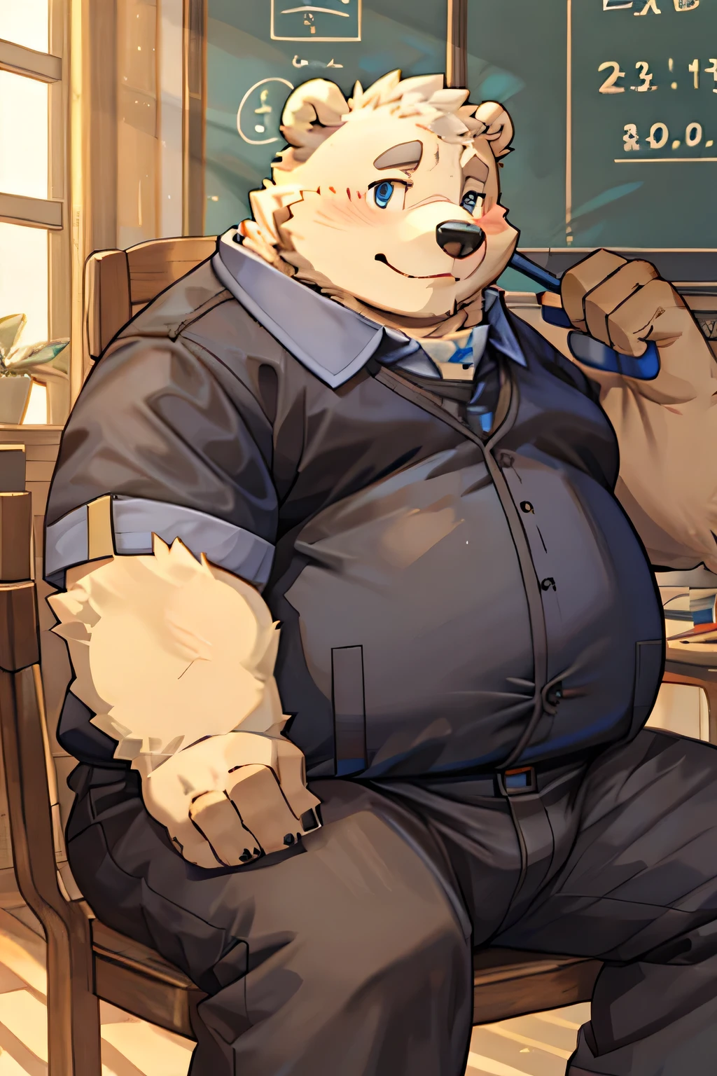 Fat teacher bear sitting on a chair，overweight，shy，cute，male，A faint smile，