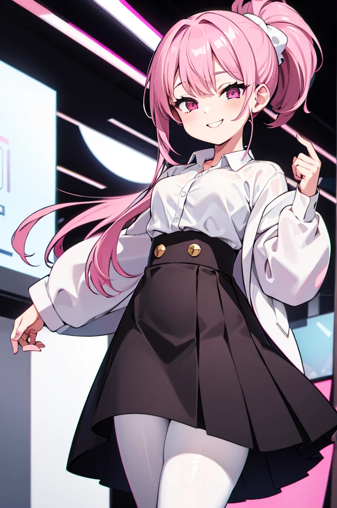 Cute, 1girl, pink hair ponytail, white shirt, black skirt, see through pantyhose, smile, pink eyes