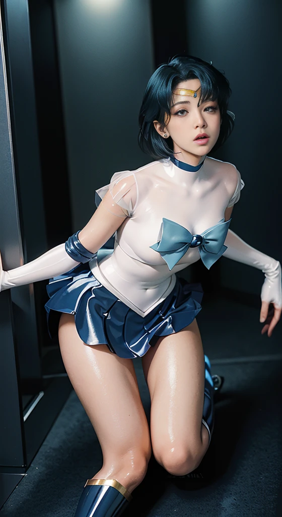 Highest quality，masterpiece，Ultra-high resolution, Very detailed, 8k，(Beautiful woman)，One person，Japanese women, 40 years old, ((Sailor Mercury)), ((Blue sailor collar, Very tight and shiny uniform, length white latex gloves,Beautiful female hand in white latex gloves,Shiny Blue Latex Knee High Boots, Stiletto heels,Blue choker、Blue gloves on elbows, shiny blue skirt, Gold tiara on forehead,Earrings,Fine Gold Jewelry)), (Facial details, Bright Blue Eyes, Beautiful Face, Beautiful Eyes, Shining Eyes, thin lips, thin, sharp, thin眉毛, length, Black eyelashes, length and thick lower eyelashes, double eyelid, Fluffy blue hair), skinny, Large Breasts, Perfect Proportions, Tight waist, Visible pores, Beautiful, shiny dark blue hair, Perfect hands, Close fitting high gloss holographic leather,Octane Rendering, ((dressing, Leaning forward, Kneel, Squat, Touching the crotch with hands, close your eyes, Open your mouth, Trembling Woman, Drooling, Pee, In the elevator))