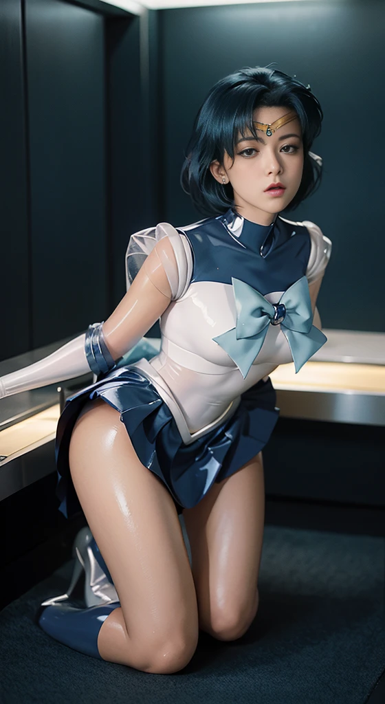 Highest quality,masterpiece,Ultra-high resolution, Very detailed, 8k,(Beautiful woman),One person,Japanese women, 40 years old, ((Sailor Mercury)), ((Blue sailor collar, Very tight and shiny uniform, length white latex gloves,Beautiful female hand in white latex gloves,Shiny Blue Latex Knee High Boots, Stiletto heels,Blue choker、Blue gloves on elbows, shiny blue skirt, Gold tiara on forehead,Earrings,Fine Gold Jewelry)), (Facial details, Bright Blue Eyes, Beautiful Face, Beautiful Eyes, Shining Eyes, thin lips, thin, sharp, thin眉毛, length, Black eyelashes, length and thick lower eyelashes, double eyelid, Fluffy blue hair), skinny, Large Breasts, Perfect Proportions, Tight waist, Visible pores, Beautiful, shiny dark blue hair, Perfect hands, Close fitting high gloss holographic leather,Octane Rendering, ((dressing, Leaning forward, Kneel, Squat, Touching the crotch with hands, close your eyes, Open your mouth, Trembling Woman, Drooling, Pee, In the elevator))