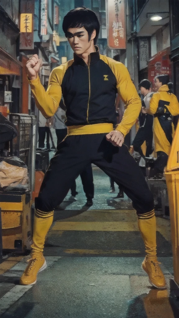 Bruce Lee wears a yellow tracksuit、Hong Kong backstreet background at night、Face the enemy、