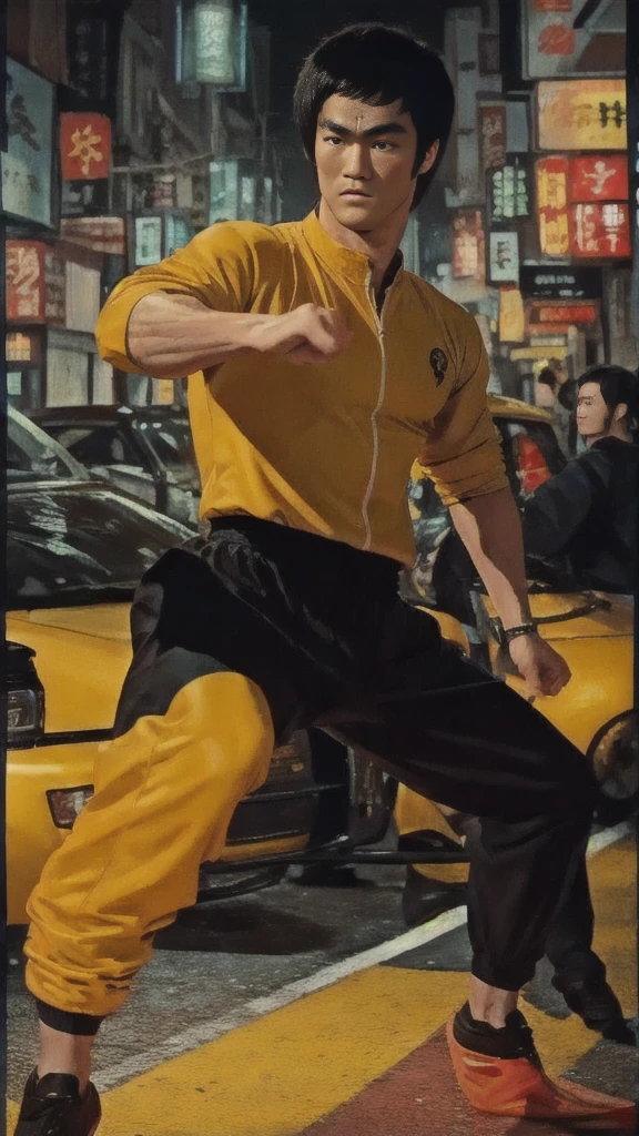 Bruce Lee wears a yellow tracksuit、Hong Kong backstreet background at night、Face the enemy、