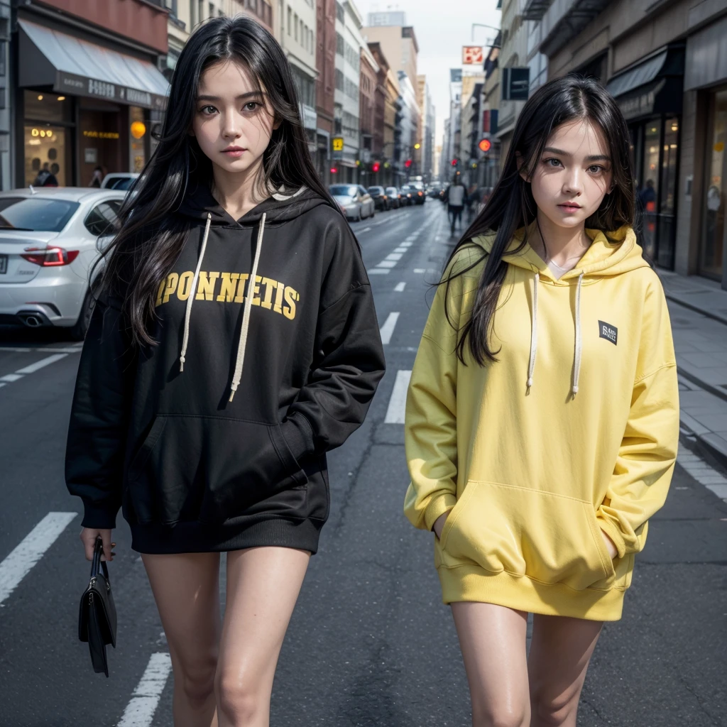 red skin, yellow eyes, long black hair, white hoodie, walking on the street
