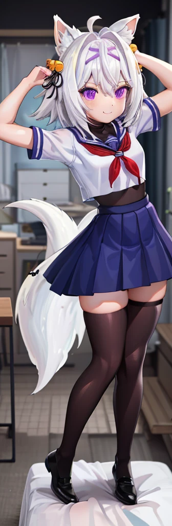 masterpiece, best quality, messy bedroom, day, 1girl, solo, filian, white hair, short hair, ahoge, animal ears, hair bell, hairband, vibrant purple eyes, half smile, white fluffy fox tail, , short sleeve white blouse with red ribbon, blue short skirt, black leg stockings, school black shoes with heals, full body pose, seductive pose, arms behind the back