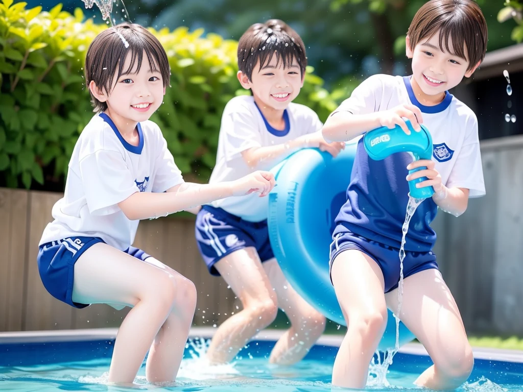 hot summer、、Summer swimming pool、It is sunny、Pouring water on each other、Audible laughter、A lot of boys、Get wet all over、Japan Boy、Glowing water splashes、Pool lessons、Boy playing in water、The happy boys、Strong sunlight、Short sleeve gym uniform、Blue shorts、barefoot，Boys only 、１０Year old boy、９Year old boy、Highest quality、masterpiece