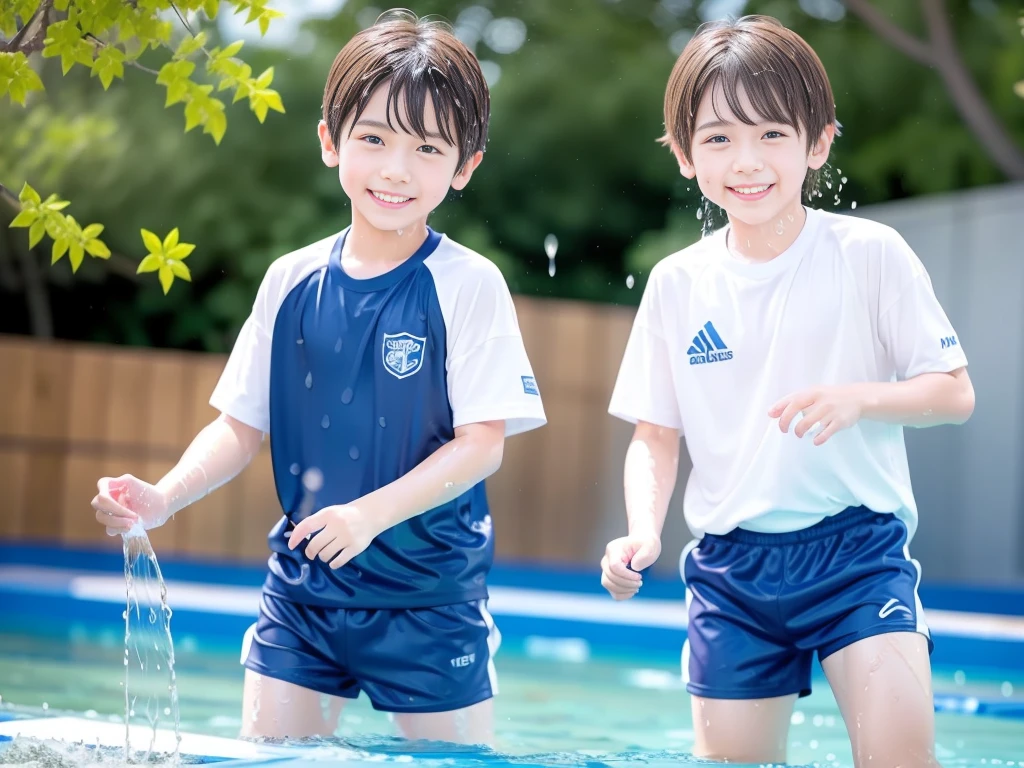 hot summer、、Summer swimming pool、It is sunny、Pouring water on each other、Audible laughter、A lot of boys、Get wet all over、Japan Boy、Glowing water splashes、Pool lessons、Boy playing in water、The happy boys、Strong sunlight、Short sleeve gym uniform、Blue shorts、barefoot,Boys only 、10Year old boy、9Year old boy、Highest quality、masterpiece