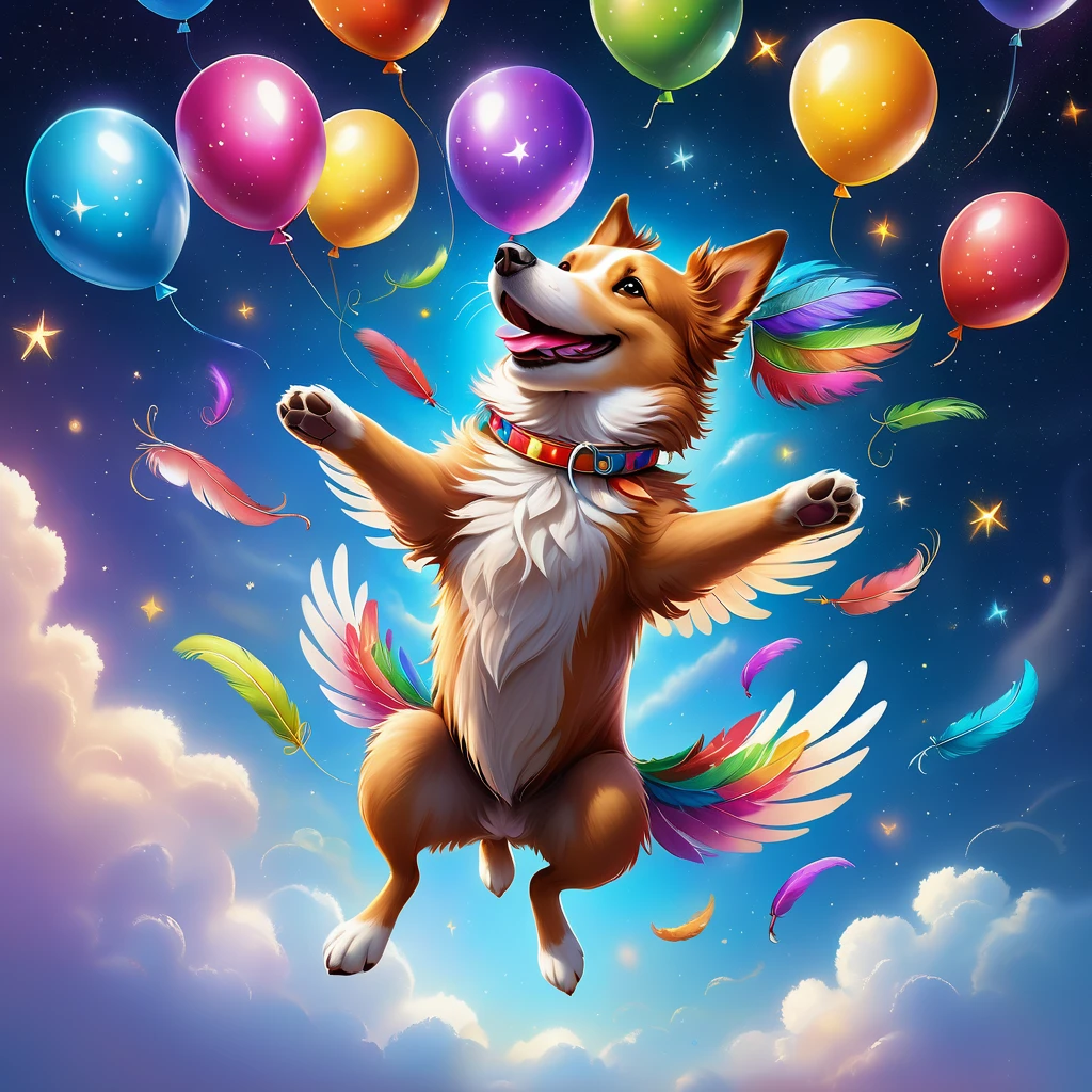 A flying dog with colorful feathers soaring in the sky, surrounded by dreamy background and twinkling stars, accompanied by balloons, wearing a cheerful smile, intricate details, and high-definition image quality. (best quality,4k,8k,highres,masterpiece:1.2),ultra-detailed,(realistic,photorealistic,photo-realistic:1.37),vivid colors,studio lighting
