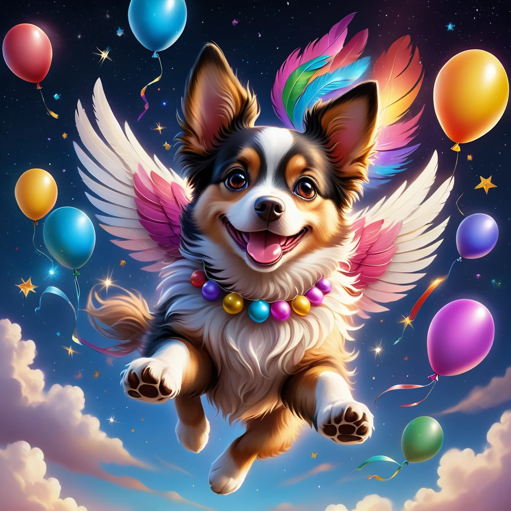 A flying dog with colorful feathers soaring in the sky, surrounded by dreamy background and twinkling stars, accompanied by balloons, wearing a cheerful smile, intricate details, and high-definition image quality. (best quality,4k,8k,highres,masterpiece:1.2),ultra-detailed,(realistic,photorealistic,photo-realistic:1.37),vivid colors,studio lighting
