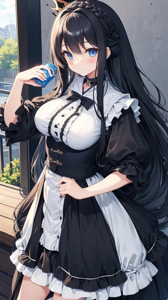 best quality, extremely detailed,anime style girl,long hair down to the waist, straight hair, ((dark black hair with bluish)),((crown braid)),beautiful detailed eyes, pinched eyes, (dark blue eyes),huge breasts,curvy,((((girl with penis)))),((Futanari)),((((cutie casual clothing)))),((((Fluffy skirts)))),Fine decoration,clothing with complex patterns,smile,((café)),dynamic angle,sit and have a drink