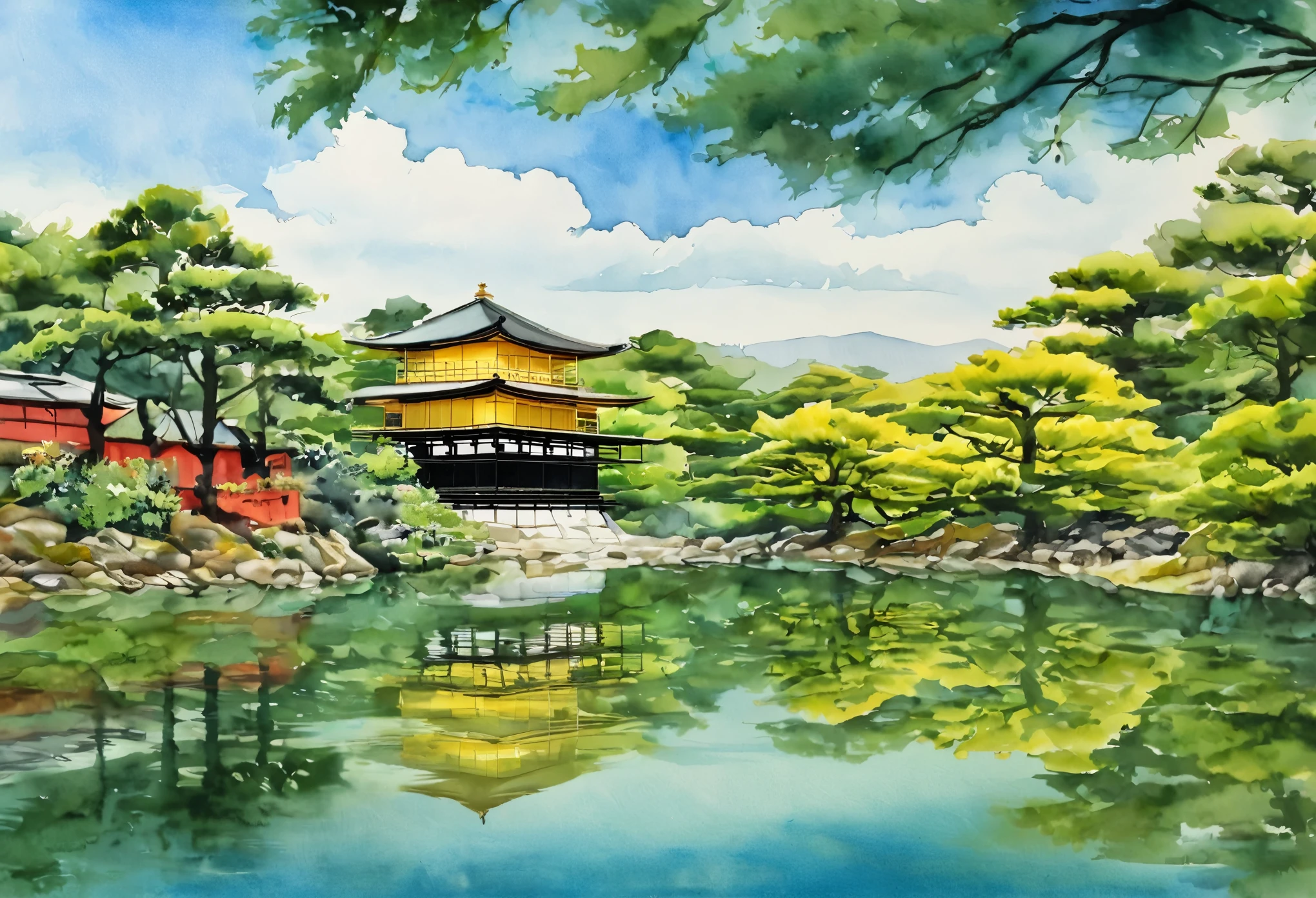 (Street:1.5), (ink and watercolor painting:1.5), (Tasteful:1.5), (ink and watercolor painting:1.5), (full color:1.5), 8k, 4k, (landscapes:1.5),(green trees:1.5),(wind:1.5),(kyoto:1.5), kinkakuji temple, golden temple, lake,