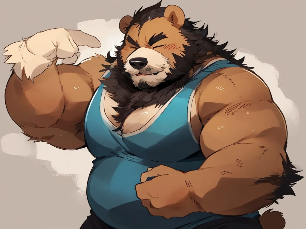 Chubby, furry,male , anthro bear, very plump, middle aged  , mouth covered mustache,Thick beard, seductive  , detailed , half body , tight tank top, extremely hot and sexy, eye closed, by hyaku ,by darkgem, by glitter trap boy