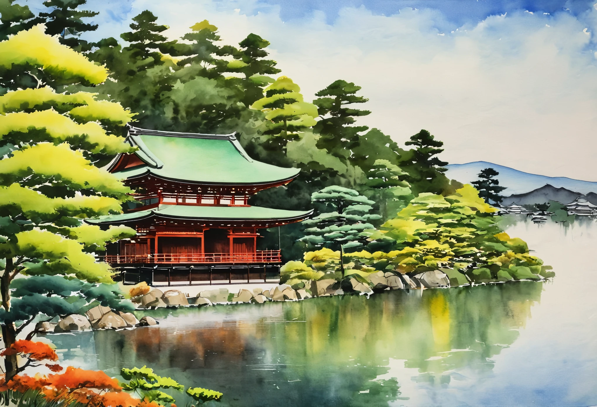 (Street:1.5), (ink and watercolor painting:1.5), (Tasteful:1.5), (ink and watercolor painting:1.5), (full color:1.5), 8k, 4k, (landscapes:1.5),(green trees:1.5),(wind:1.5),(kyoto:1.5), kinkakuji temple, golden temple beside lake,
