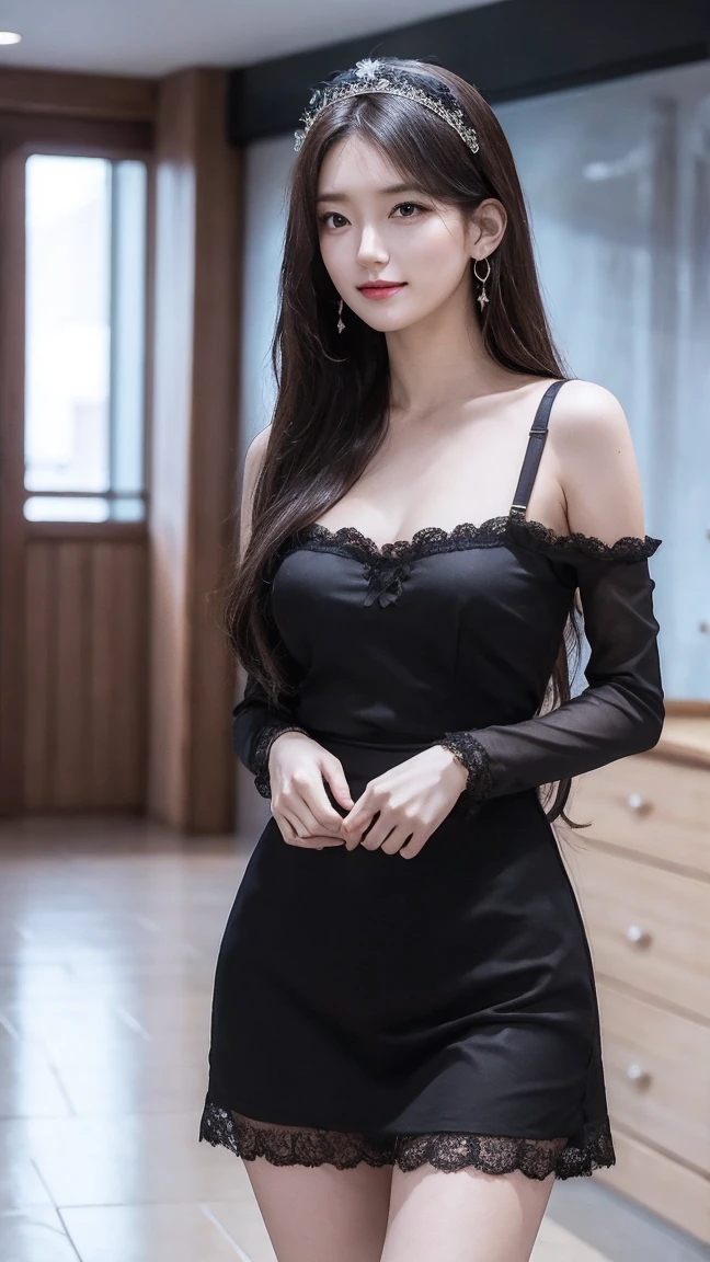 masterpiece, best quality, 1 woman, alone, long hair, looking at viewer, laugh, forehead, headdress, red eyes, long sleeves, sexy dress, standing, clavicle, black hair, brown hair, sexy alternative lingerie, tree, sexy micro chinese lingerie, hairpin, Ningguang (genshin impact), Ningguang, big bust, perfect body