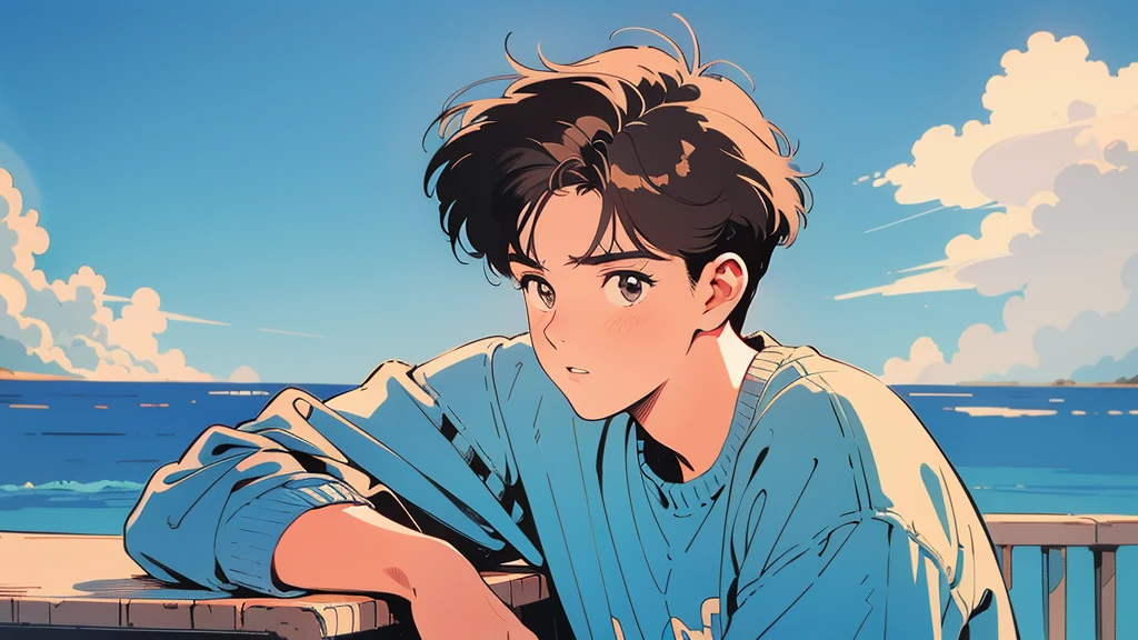 best quality, 4k wallpaper, masterpiece, very detailed CG Unity 8k 벽지, very detailed 눈, very detailed, intricate details, retro,  Library Landscape, brown hair 20 year old boy,  Looking at the entire upper body,  incredibly blue sea background, Incredibly blue cloudy sky background