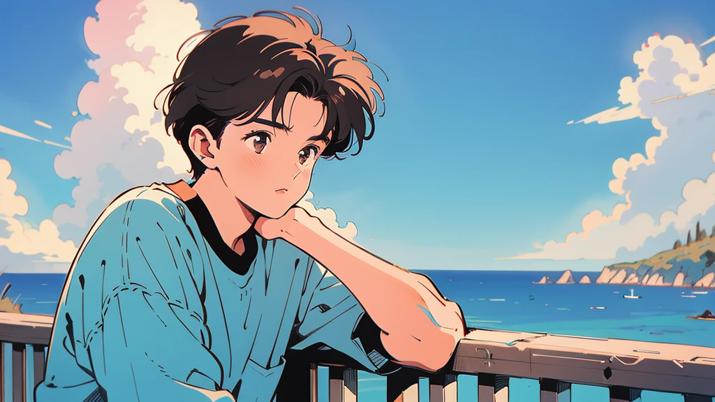 best quality, 4k wallpaper, masterpiece, very detailed CG Unity 8k 벽지, very detailed 눈, very detailed, intricate details, retro, Library Landscape, brown hair 20 year old boy, Looking at the entire upper body, incredibly blue sea background, Incredibly blue cloudy sky background