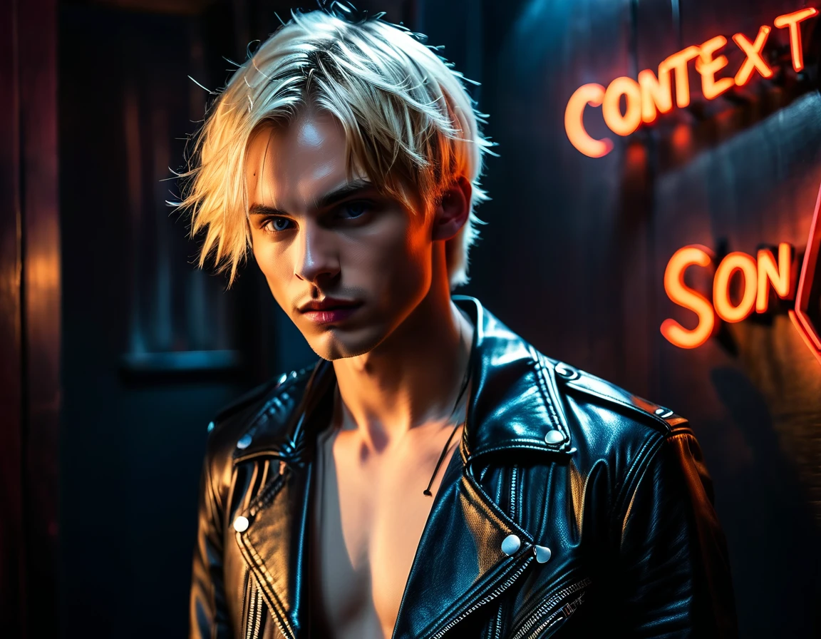 Hyper realistic, dark vibes, solo, young man, roundish face, 22 years, pale skin, model (skinny:1.2), blue eyes, (short textured blond hair:1.2), tussled side swept fringe to the right, black leather jacket, holding knife, dark lighting, inside BDSM room background, foreboding, sexy, attractive, demon, incubus, evil, dark, sadistic expression (smirk:1.1), (red neon sign in background that says "CONTEXT":1.1)
