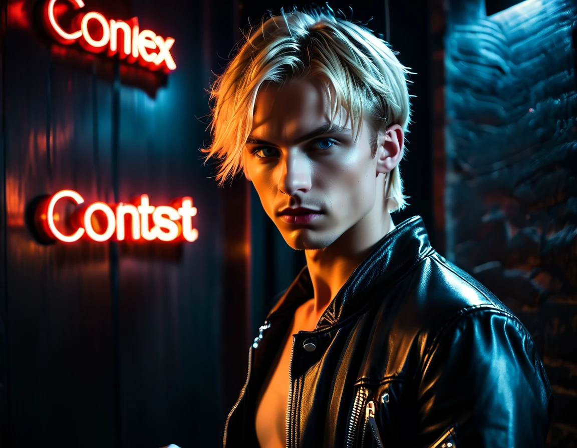 Hyper realistic, dark vibes, solo, young man, roundish face, 22 years, pale skin, model (skinny:1.2), blue eyes, (short textured blond hair:1.2), tussled side swept fringe to the right, black leather jacket, holding knife, dark lighting, inside BDSM room background, foreboding, sexy, attractive, demon, incubus, evil, dark, sadistic expression (smirk:1.1), (red neon sign in background that says "CONTEXT":1.1)