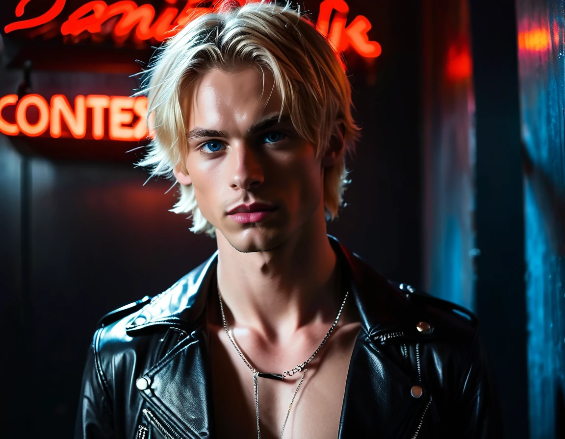 Hyper realistic, dark vibes, solo, young man, roundish face, 22 years, pale skin, model (skinny:1.2), blue eyes, (short textured blond hair:1.2), tussled side swept fringe to the right, black leather jacket, holding knife, dark lighting, inside BDSM room background, foreboding, sexy, attractive, demon, incubus, evil, dark, sadistic expression (smirk:1.1), (red neon sign in background that says "CONTEXT":1.1)