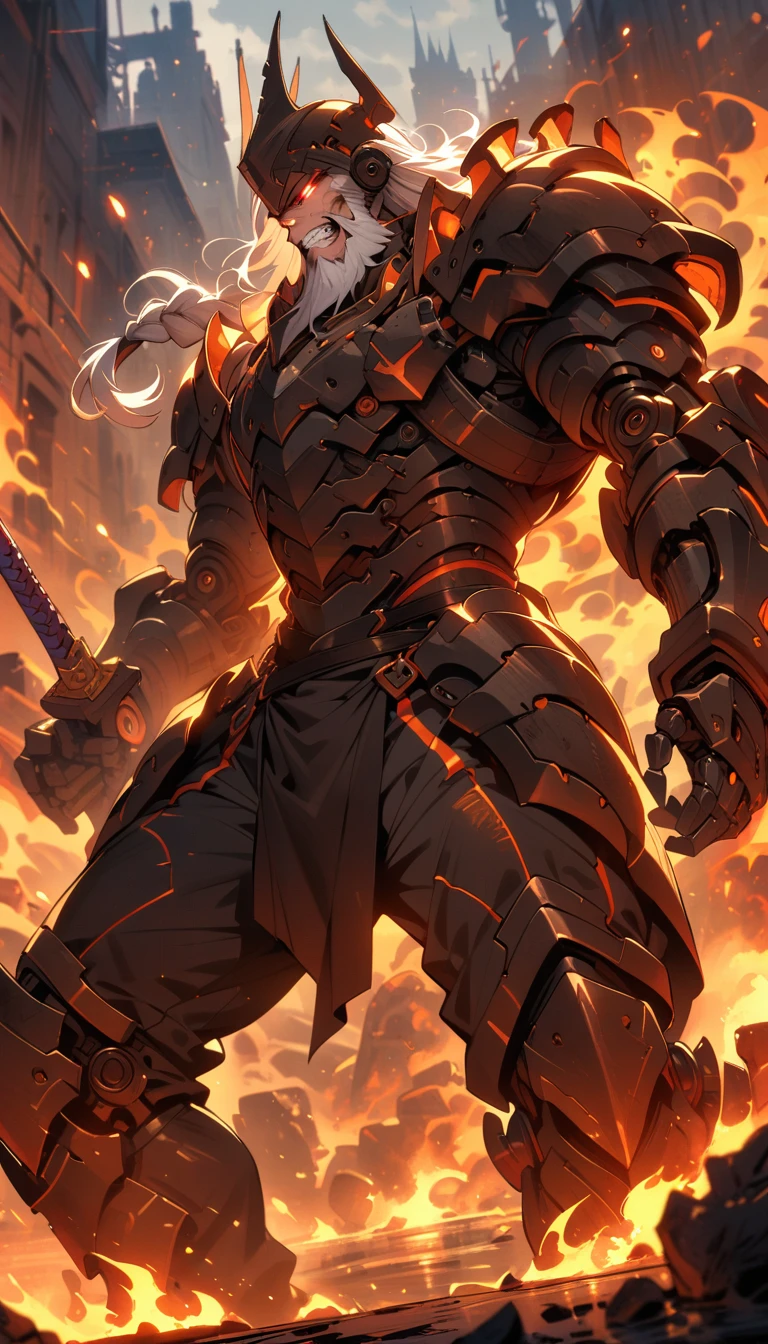 ((best quality)) , ((masterpiece)) , (detailed),weapon, armor, holding, long hair, facial hair, glowing eyes, 1boy, male focus, holding weapon, glowing, sword, outdoors, helmet, braid, teeth, fire, shoulder armor, pants, grey hair, beard, bangs, holding sword, muscular male, white hair,(((,Crazy mechanical details)))