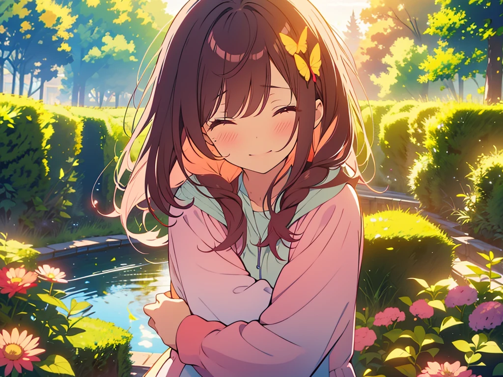kawaii, anime, Cute, hyper quality, highly detailed, 8k, Clarity, One person has long dark brown hair and green eyes., The other is a young girl with a bright pink short bob and scarlet eyes., Hug each other in Europe's natural water gardens, shed tears, A touching reunion, warm atmosphere, clear blue sky, jump on, whole body, clear air, planted flowers and greenery, Draw facial expressions in detail, highlight on eyes, Close your eyes and cry and laugh, pull perspective, hoodie, Uplifting, jump and hug, Draw the whole body of both of them, light dances, pink hair, Netherlands, pick up a , A small butterfly of light dances, there is a height difference, pink hair, dark brown long hair,