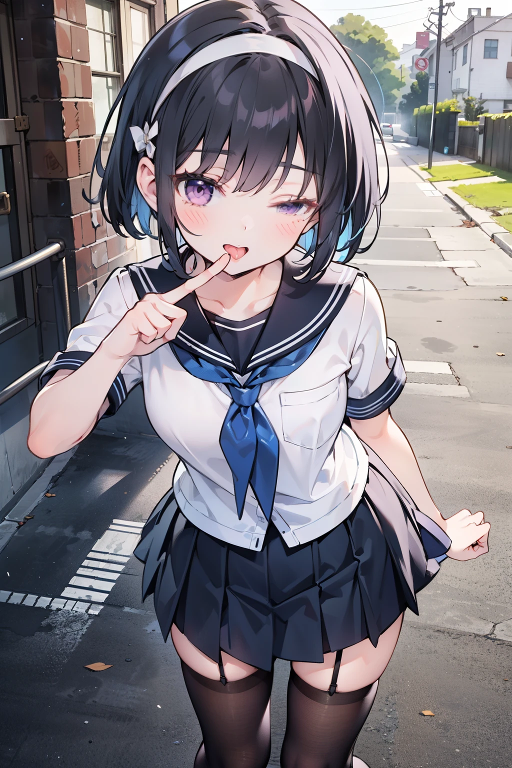 body 8 times longer than head, (Highly detailed CG unity 8k), (highest quality)，(very detailed)，(ultra high resolution), black hair, High school girl wearing a navy sailor suit, Anime 2D rendering, realistic young anime high school girl, ((White headband)), purple eyes, small breasts, tall, slanted eyes, (school scenery), black stockings, bright color, open your mouth a little, Dark blue skirt, bob cut, position looking down from above, right eye closed (winking), sticking out the tongue through the mouth, raise right index finger, Press your right eye with your right index finger, tilt your face slightly to the right, 