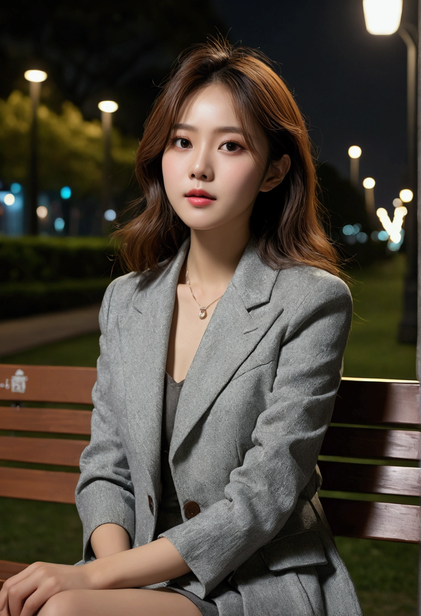 Han So-hee sitting on a park bench, 夜 lights, City lights, moonlight, Night 4K, Fujifilm XT3, 8k, Maximum results, Shot with Kodak, 受賞photograph, (Ultra-realistic:1.5), (Highest quality:1.5), Realistic, Detailed skin texture, masterpiece, (Realistic:1.4), RAWphotograph, Perfect Shading, realism, photograph,Detailed facial texture, Detailed lip texture, Detail ear, Detail Eye, Depth of written boundary,