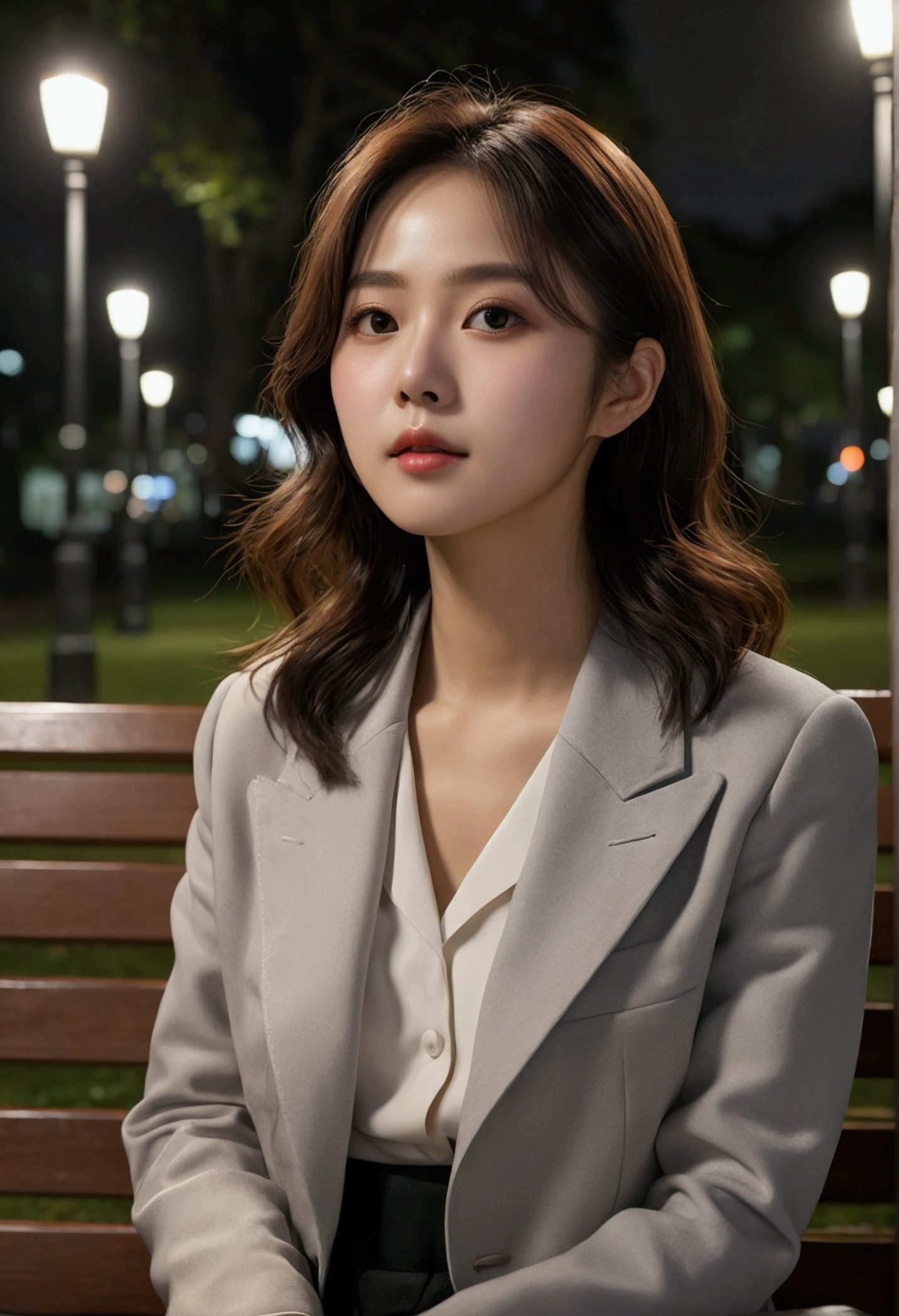Han So-hee sitting on a park bench, 夜 lights, City lights, moonlight, Night 4K, Fujifilm XT3, 8k, Maximum results, Shot with Kodak, 受賞photograph, (Ultra-realistic:1.5), (Highest quality:1.5), Realistic, Detailed skin texture, masterpiece, (Realistic:1.4), RAWphotograph, Perfect Shading, realism, photograph,Detailed facial texture, Detailed lip texture, Detail ear, Detail Eye, Depth of written boundary,