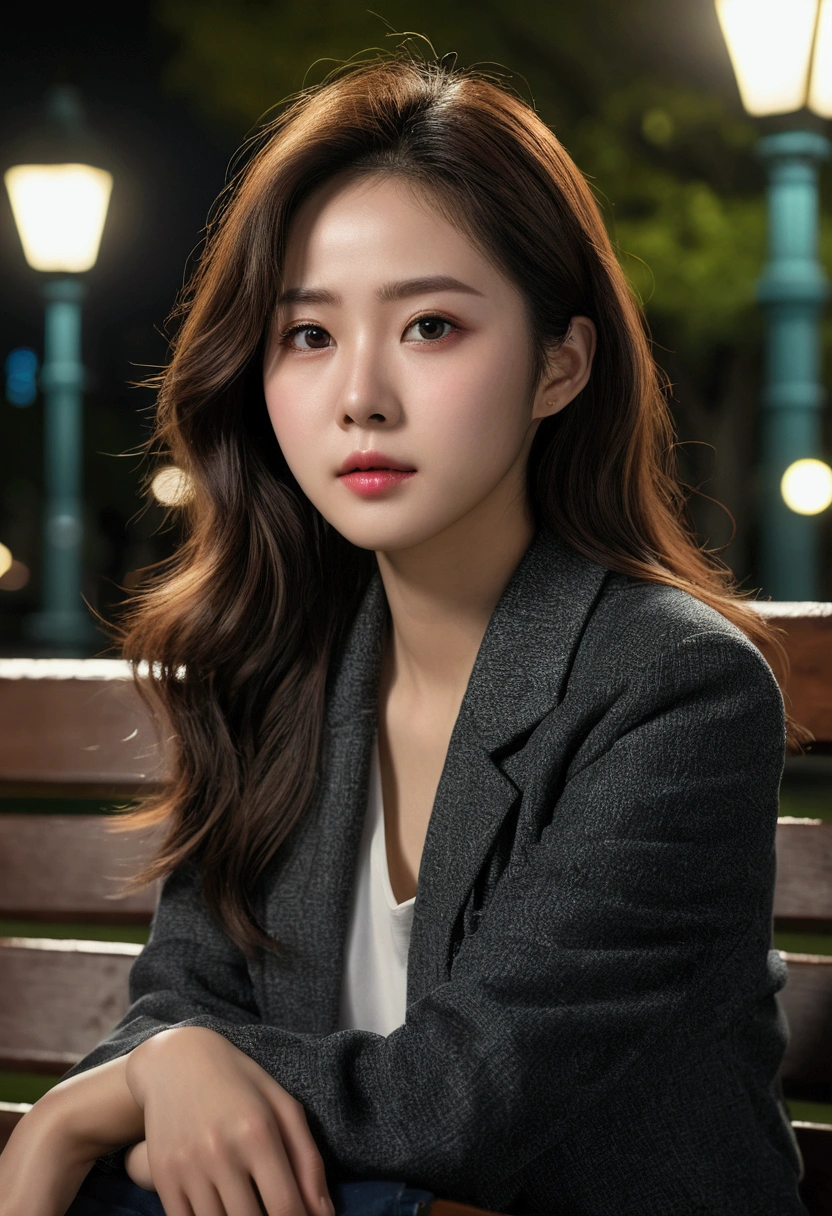 Han So-hee sitting on a park bench, 夜 lights, City lights, moonlight, Night 4K, Fujifilm XT3, 8k, Maximum results, Shot with Kodak, 受賞photograph, (Ultra-realistic:1.5), (Highest quality:1.5), Realistic, Detailed skin texture, masterpiece, (Realistic:1.4), RAWphotograph, Perfect Shading, realism, photograph,Detailed facial texture, Detailed lip texture, Detail ear, Detail Eye, Depth of written boundary,